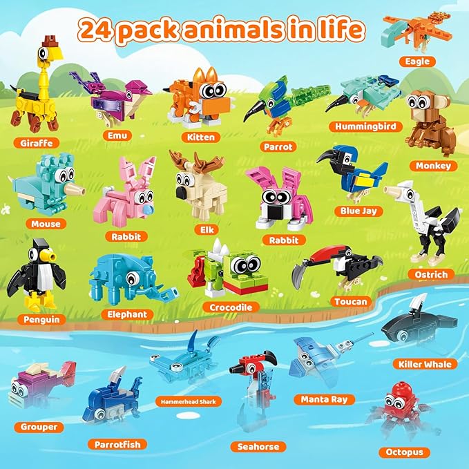 24 Pack Mini Animals Easter Building Block Toy Stocking Stuffers Classroom Prizes Goodie Bags Fillers Building Set Birthday Gifts Party Favors for Boys Girls Ages 6 8 10 12