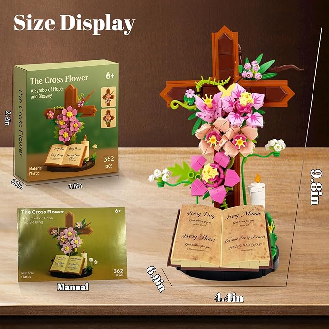 Jesus Cross SetFlower Building Block Set for Adults Faith Inspired Crucifix Brick Model with Floral Design Religious Home Desk Decor Christian Gift for Easter Prayer Room