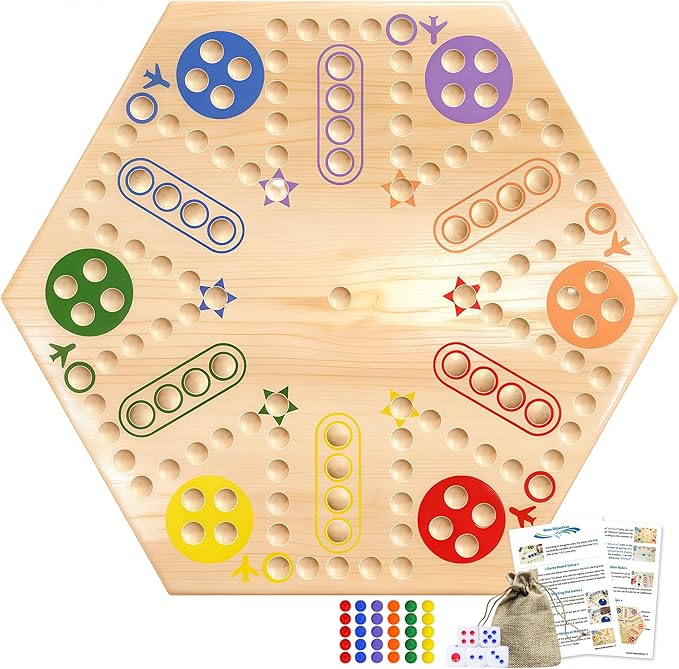 Wooden Wahoo &amp Board Game – Double-Sided Painted Fast Track Game for 4 to 6 Players with 30 Marbles and 6 Dice Ideal for Family Game Night and Friends Gatherings (Wooden)