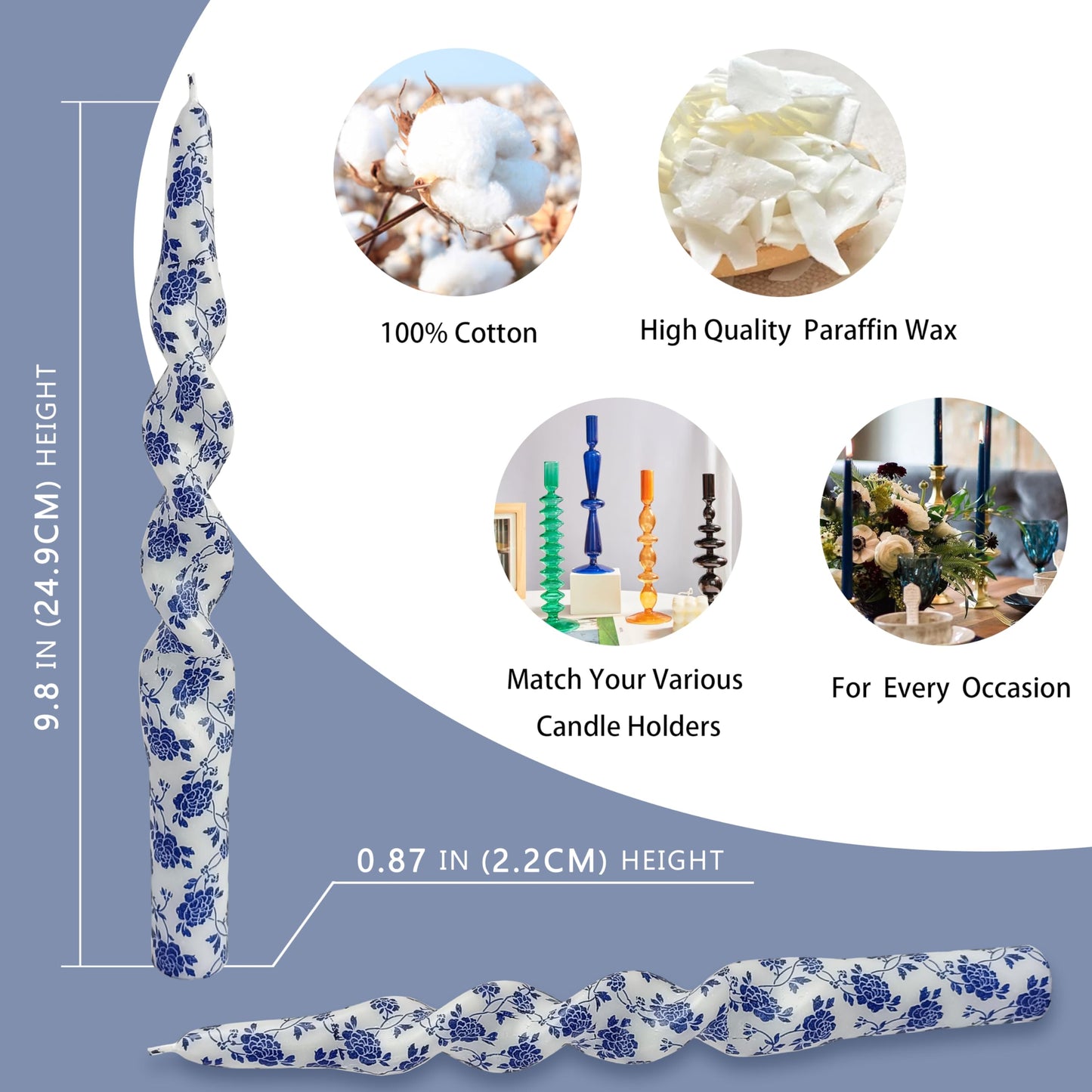 Blue Flower Printed Spiral Candles Set of 2, 10 Inch Handmade Tapered Candles, Unscented Floral Candle Stick Style Candlesticks for Wedding Home Decor Gift