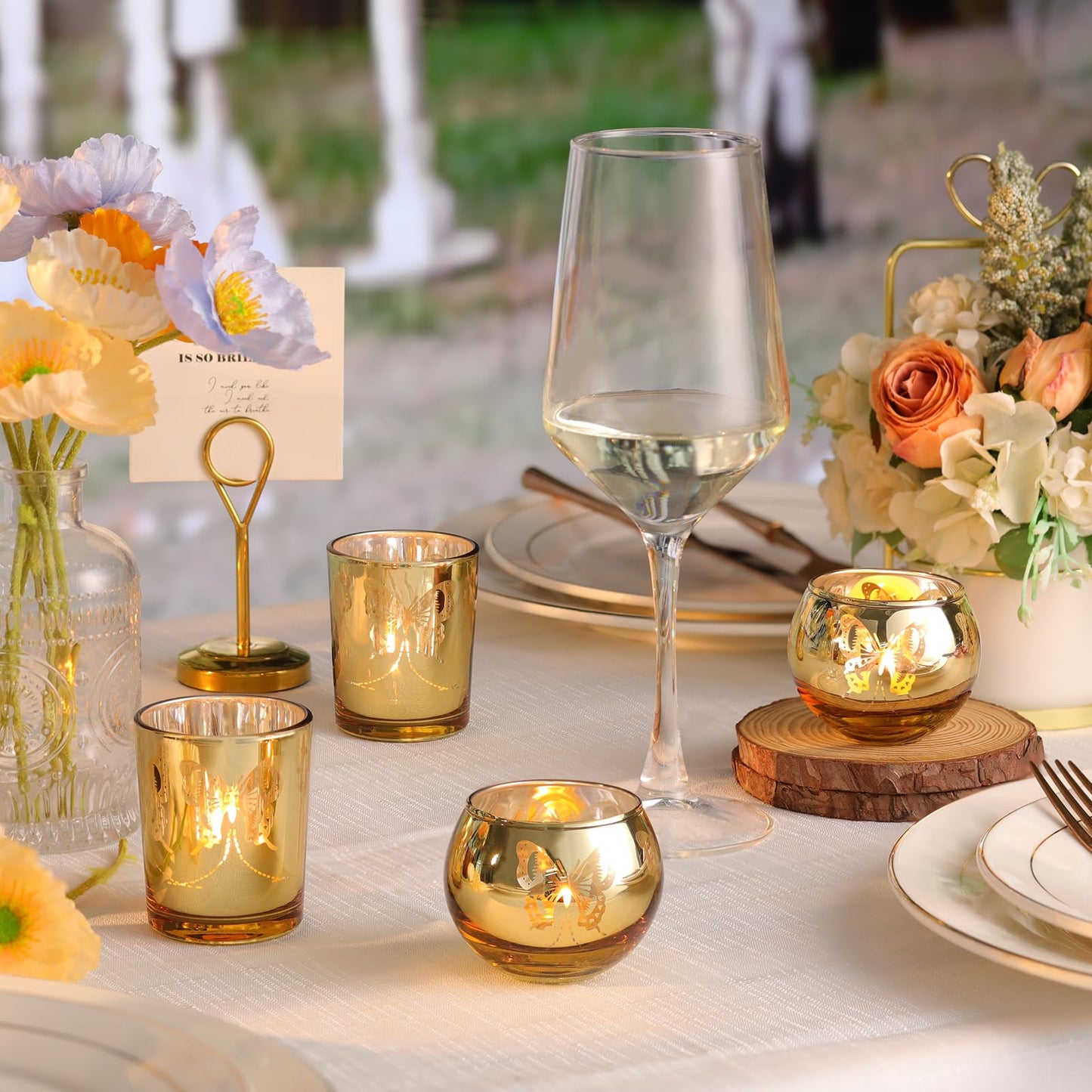 Lanttu Gold 12 PCS Combination Tea Lights Candle Holder Decorative with Butterfly Pattern, Votive Candle Holders for Wedding, Birthday, Anniversary, Parties, and Holiday Decorations