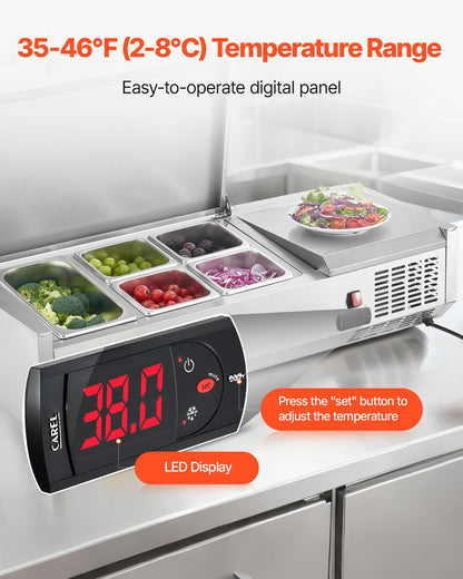 VEVOR Refrigerated Condiment Prep Station, 120 W Countertop Refrigerated Condiment Station, with One 1/3 Pan & Four 1/6 Pans, 304 Stainless Body and PC Lid, Sandwich Prep Table with Stainless Guard