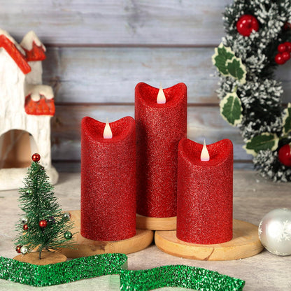 GiveU Pack of 3 Red Glitter Candle 3D Moving Flame LED Candles,10-Key Remote, Battery Powered Flameless Candle with Timer, Home Decor Bedroom, Hallway, Wedding Events