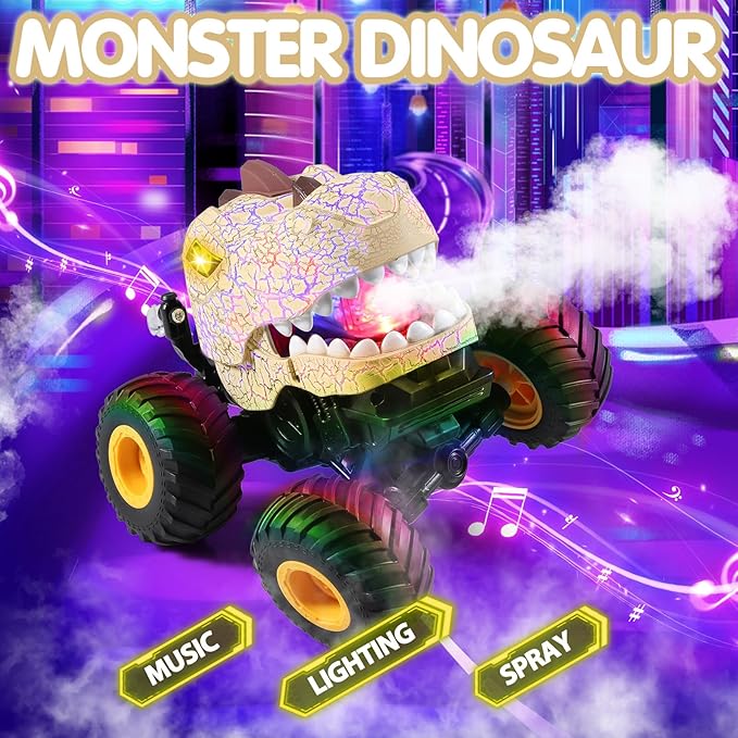 DYODYORC Remote Control Car 2.4Ghz All Terrain Dinosaur Monster Truck Toys RC Truck with Spay Music 3 Lighting Effects Stunt Capable Toy Gifts for Boys and Girls (Beige)
