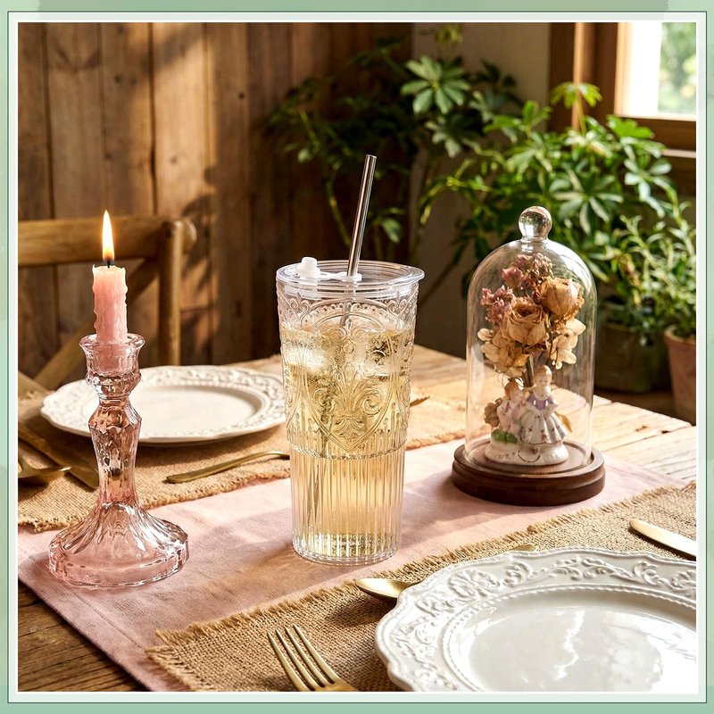 Acellegic 8 Set 20oz Vintage Plastic Tumbler with Lids and Straws Ribbed Floral Drinking Glasses Reusable Iced Coffee Cups for Water Juice Smoothie Cocktail Travel Party Events Gift (Clear)