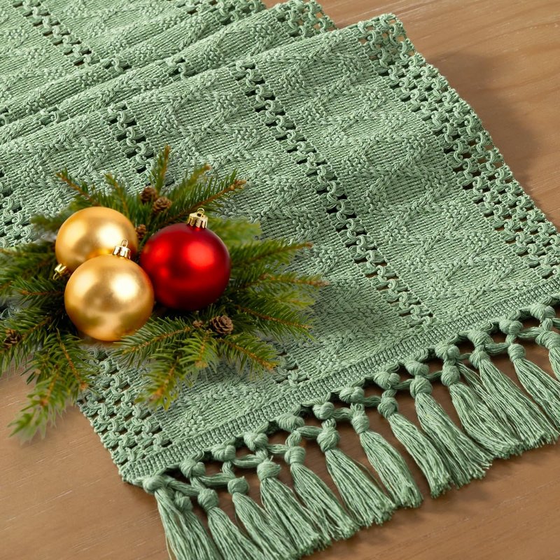 Socomi Sage Green Boho Table Runner Summer Farmhouse Rustic Dining Kitchen Centerpiece Decor Small Macrame Woven Cotton Linen Coffee Table Runner for Dresser Scarf Home Decor 12x60 inch
