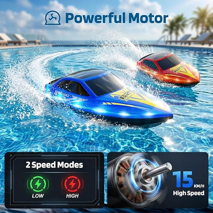 Remote Control Boat for Kids RC Boat for Pool Lake River and Pond with LED Lights Self-Righting Waterproof Fast Speed Racing Electric Boats 2 Speed Modes 60mins Rechargeable Batteries