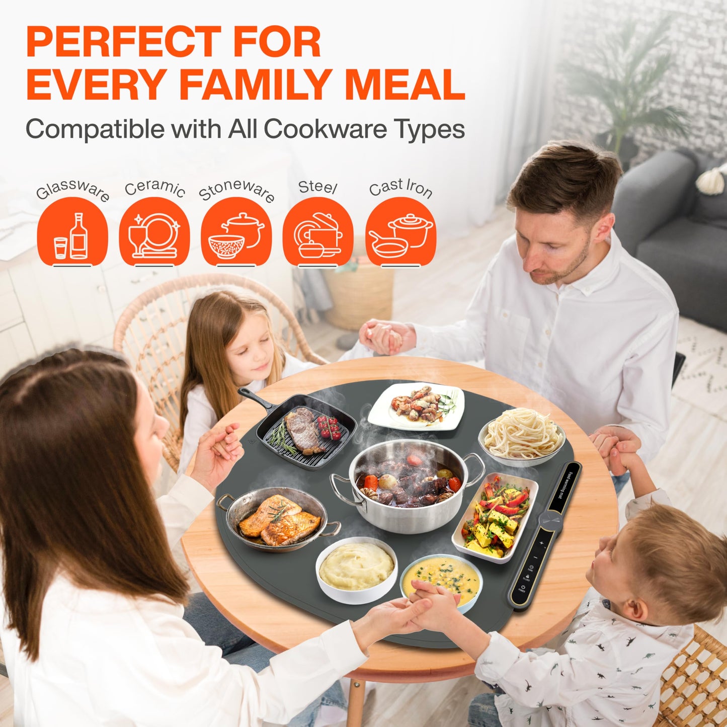 Round Food Warming Mat XXL 27.5''x27.5'' (Gray) - Electric Food Warming Tray with 9 Temp Levels - Silicone Food Warmers for Parties Buffet with Timer, Child Lock & Fast Heating