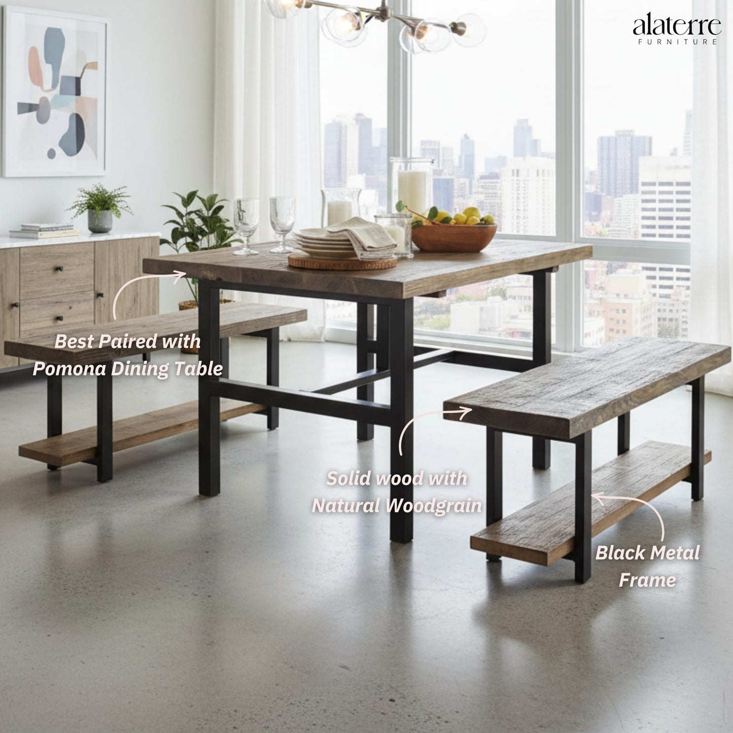 Alaterre Furniture Pomona Dining Bench Set of 2-48-Inch Modern Industrial Solid Wood Indoor Benches with Open Bottom Storage Shelf - Seating for Kitchen, Dining Room, and Living Room (Rustic Brown)