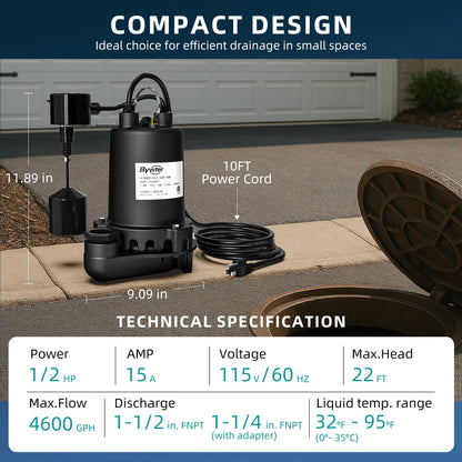 BYWTER 1/2 HP Sump Pump, 4600 GPH High Flow, 22 FT Lift, 115V Cast Iron Sewage Pump with Built-in Vertical Float Switch, Heavy Duty Sewage/Effluent Pump for Basement, 10 FT Power Cord