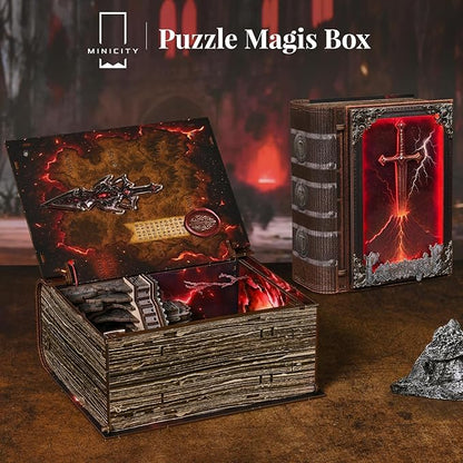 Book Nook Kit with LED Light Miniature House Kit for Birthday 3D Wooden Bookends Puzzle Bookshelf Decor for Adults Teens Beginners (The Sword of Fire)