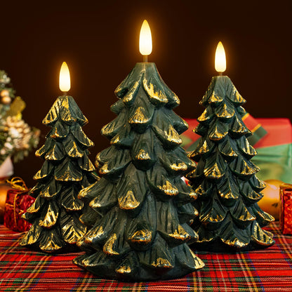 Yongmao Green Christmas Tree Shaped Flickering Flameless LED Candles with Timer, Real Wax Battery Operated, Set of 3