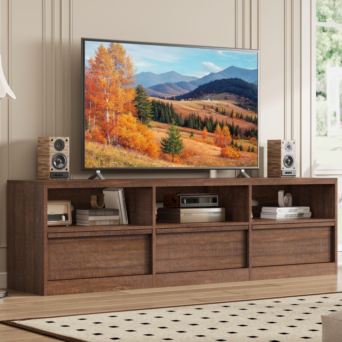 Garvee Mid Century Modern TV Stand for 65 70 75 in TVs, Industrial Entertainment Center with 3 Drawers & Open Shelves, Sturdy MDF for Living Room & Bedroom, Vintage