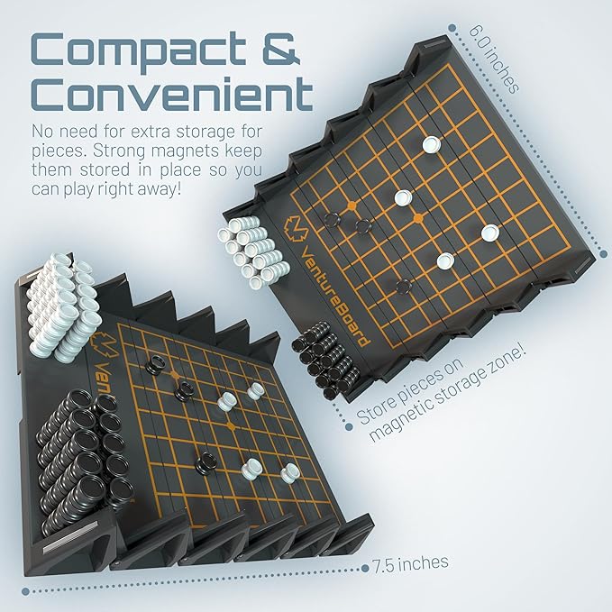 VENTUREBOARD GO 9x9 6 Inches Magnetic Unique GO Set Board Game - Folding Board Portable Travel GO Board Game Pieces - (Black/Grey)