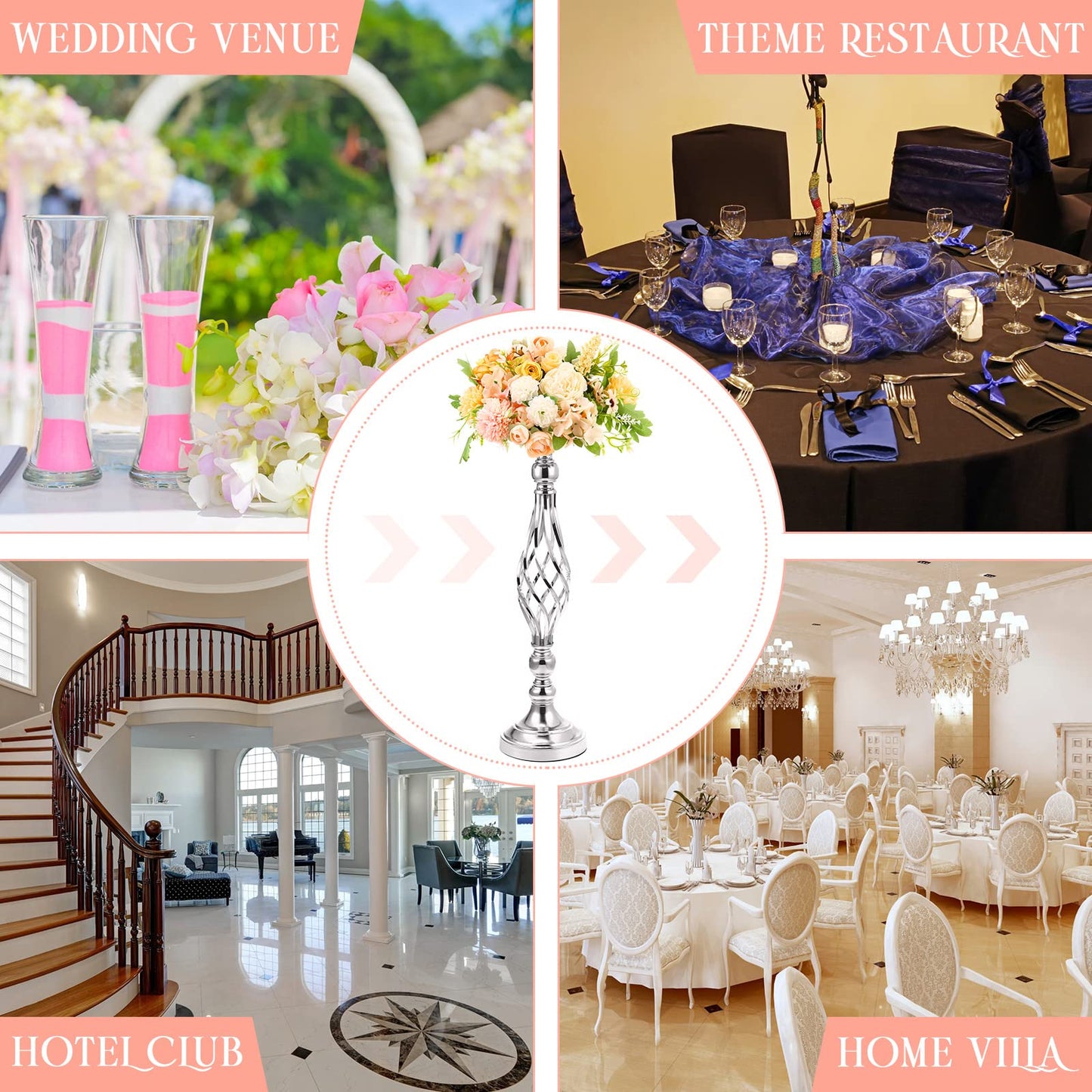 Rtteri 20 Pcs Metal Flower Arrangement Stand Wedding Flower Centerpieces Stand Elegant Metal Vase Candelabra Candle Holder for Wedding Reception Table Decor Party Hotel Home Decor (Silver,Medium)