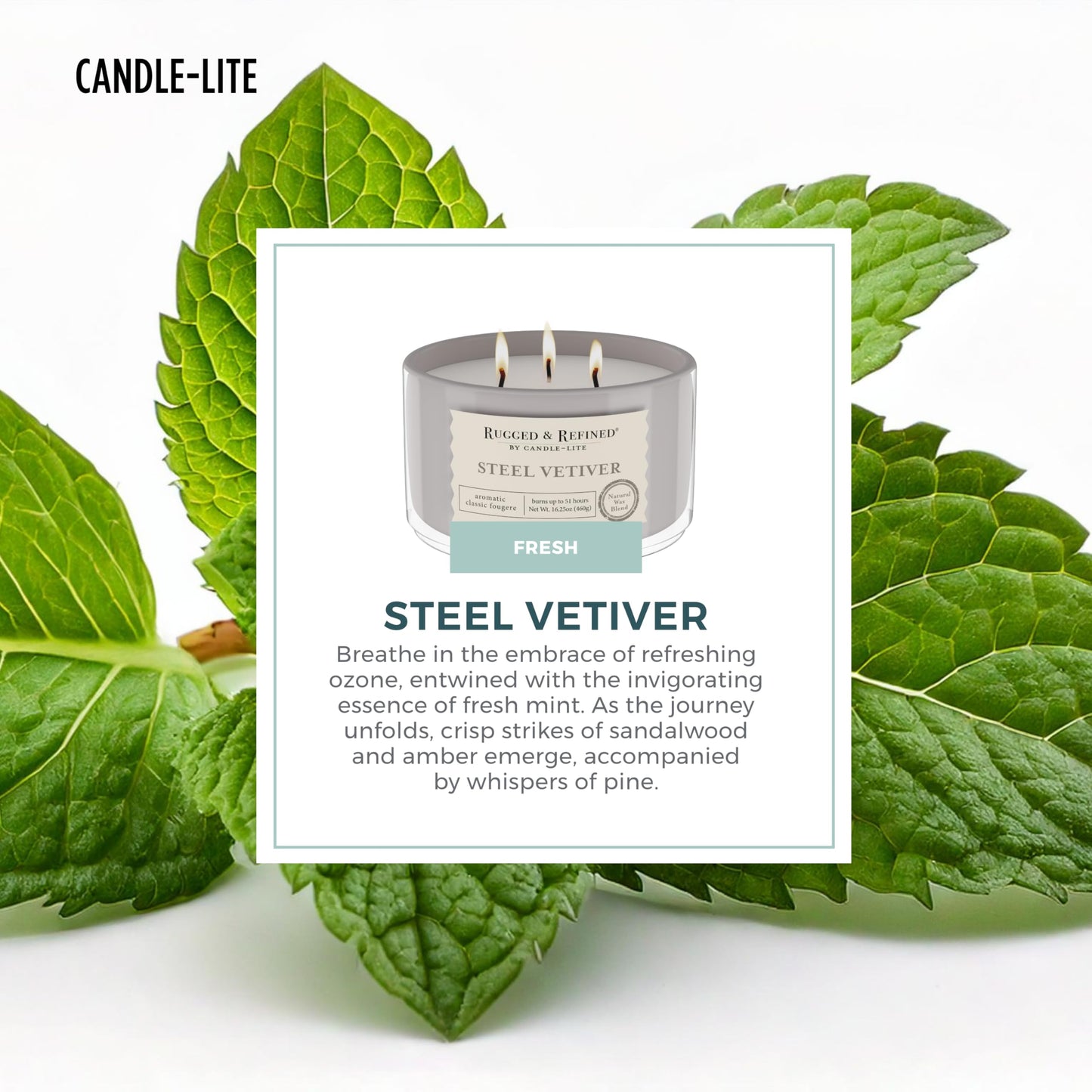 Candle-Lite Scented Candles for Men, Steel Vetiver Fragrance, 16.25 oz Jar, 3-Wick, 51 Hours of Burn Time, Masculine Aromatherapy with Long Lasting Scent, Ideal Gift for Father's Day and Home Decor