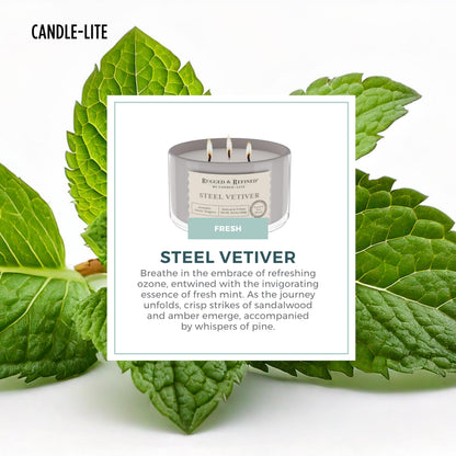 Candle-Lite Scented Candles for Men, Steel Vetiver Fragrance, 16.25 oz Jar, 3-Wick, 51 Hours of Burn Time, Masculine Aromatherapy with Long Lasting Scent, Ideal Gift for Father's Day and Home Decor