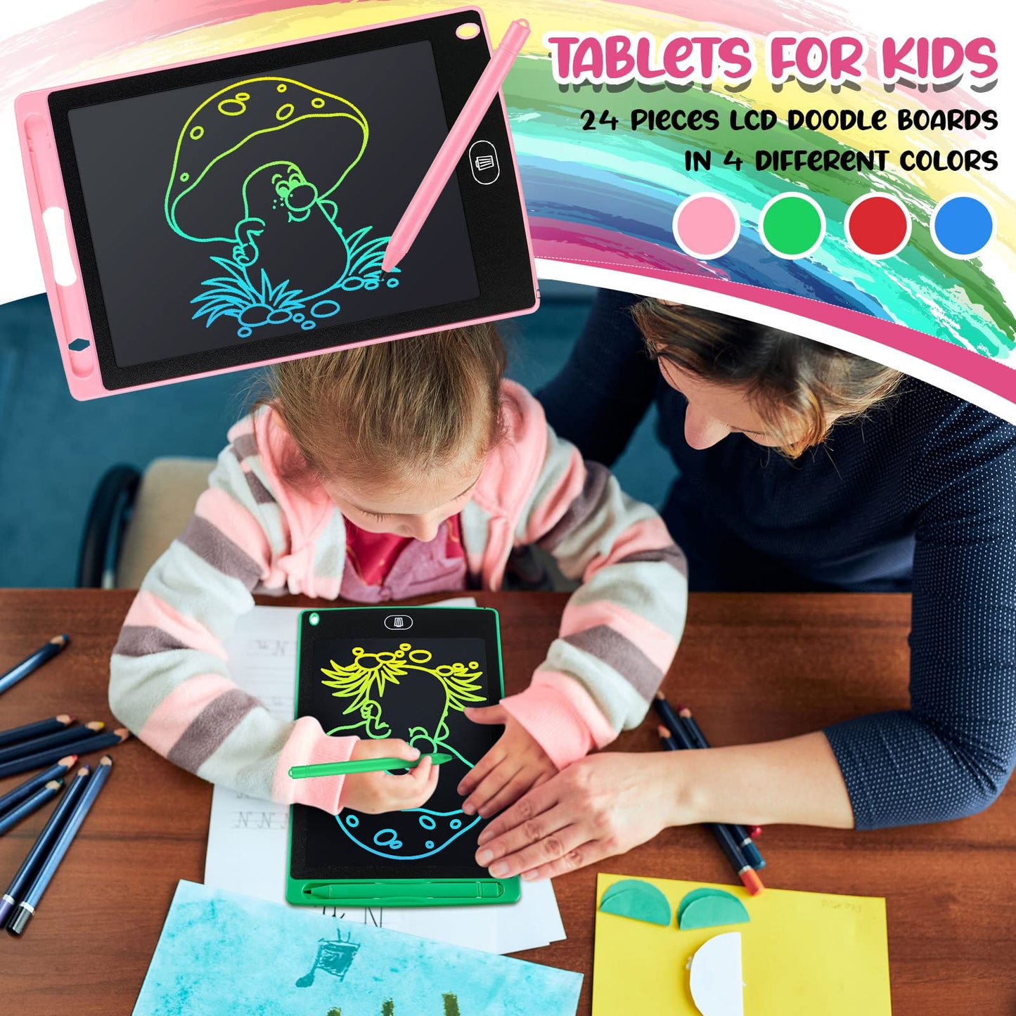Zhehao 24 Pieces LCD Writing Tablet Doodle Board 8.5 Inch Colorful Reusable Screen Board Pad Reusable Drawing Writing Learning Educational Pad Toys for Girls Boys 8-10 3-10(Classic Round Style)
