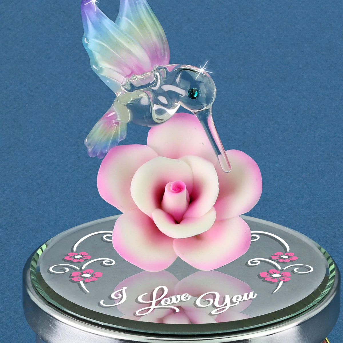 Glass Baron Candle Holder Jar, Blown Glass Hummingbird Lid with Airbrushed Porcelain Flower & Austrian Crystal Accents, 5.5 x 3 inches