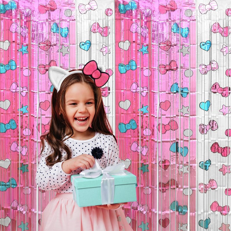 Bupelo Kawaii Birthday Decorations, 2 Pack Cartoon Cat Theme Party Supplies, 3.3 x 6.6ft Tinsel Foil Fringe Curtains, Bow Photo Booth Props, Backdrop Streamers, Perfect Room & Doorway Decor for Girls