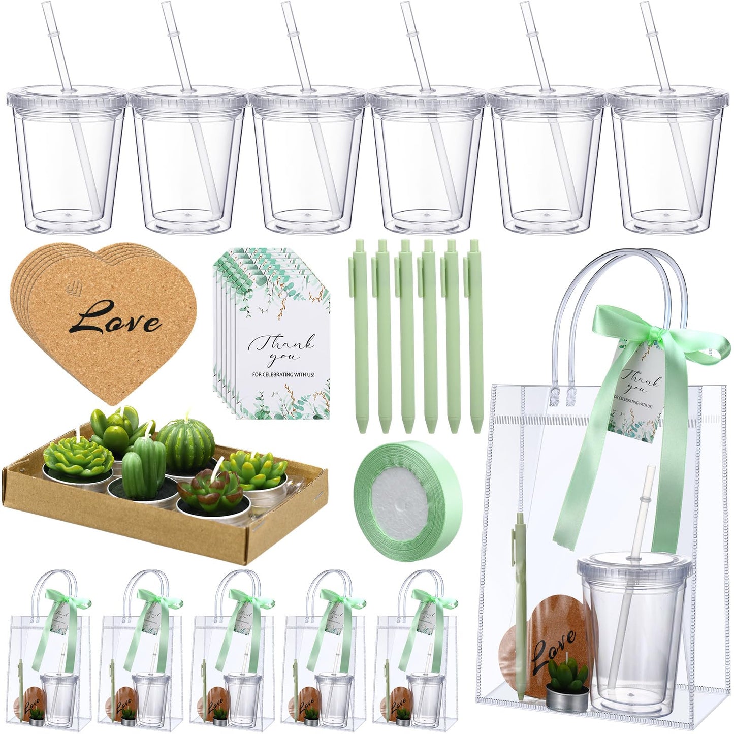 MotiMind 6 Sets Succulent Baby Shower Prizes for Game Players Baby Shower Winners Guest Gifts Green Cactus Candle Tumbler Coaster Pen Gift Bag Wedding Bridal Game Prizes Party Favors