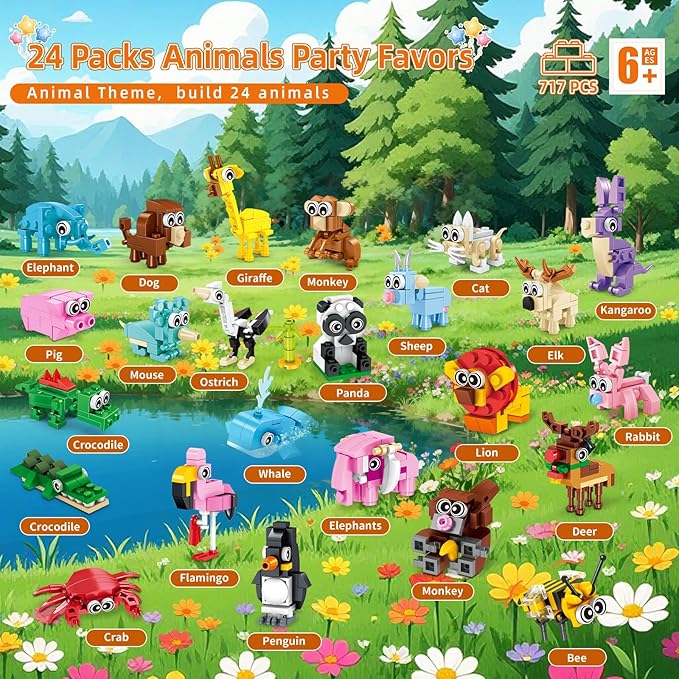 Party Favors for Kids - 24 Pack 72 Animal Building Block Toys for Goodie Bag Stuffers Easter Classroom Prizes Mini Building Set Birthday Party Gifts for Boys Girls Ages 6-12