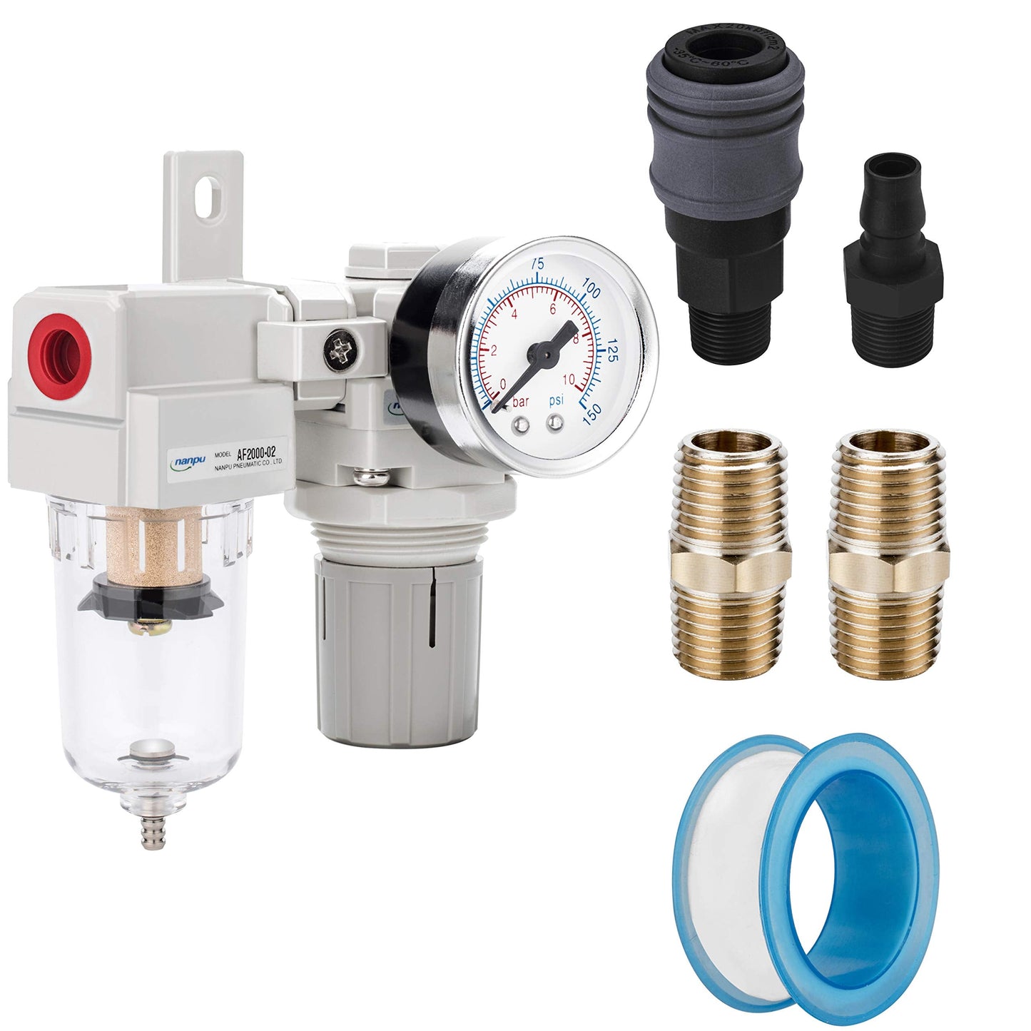 NANPU 1/4" NPT Compressed Air Filter Regulator Combo Piggyback, 5 Micron Element, Poly Bowl, Semi-Auto Drain, Bracket, Gauge (ARF2000)
