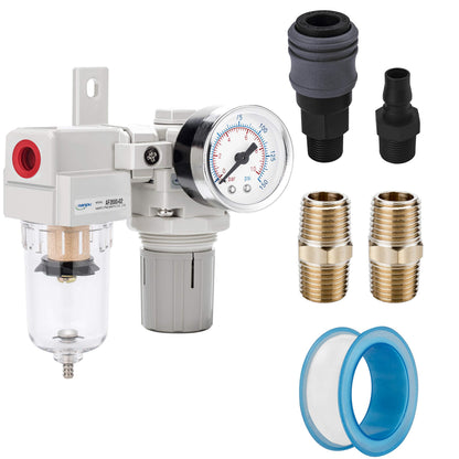 NANPU 1/4" NPT Compressed Air Filter Regulator Combo Piggyback, 5 Micron Element, Poly Bowl, Semi-Auto Drain, Bracket, Gauge (ARF2000)
