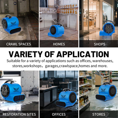 BSMTEK Air Mover Blower Fan, Industrial 1/3HP 1200CFM Monster Floor Blower Carpet Dryers - 3 Speeds Switch, 4 Adjustable Angles, 15FT Long Cord, Stackable - 2026 Upgraded