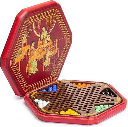 Yellow Mountain Imports Classic Chinese Checkers Halma Board Game Set with Storage 12.6-inch Wooden Board and Solid Color 16-Millimeter Glass Marbles