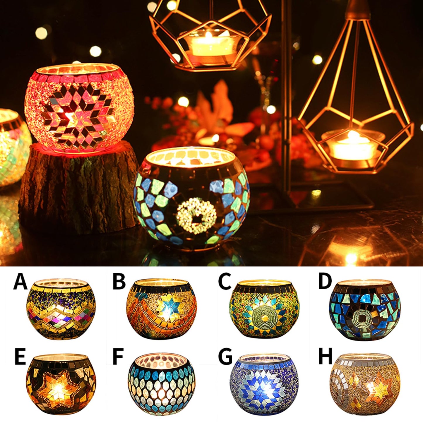 Mosaic Glass Tea Light Holders Romantic Stained Votive Candle Holder, MIATTCLD Round Handmade Tealight Candle Holder for Table Centerpieces, Christmas, Valentine, Birthday Party, Home Decor (E)