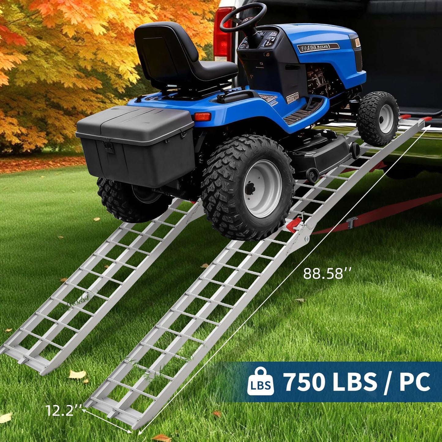 GarveeTech 7.5 Foot Folding Aluminum Motorcycle Ramp 750 LB Capacity Dirt Bike Ramp for Pickup Trucks with Crossbar Rungs and Rubber Tipped Ends 89 x 12 Inch 2 PC