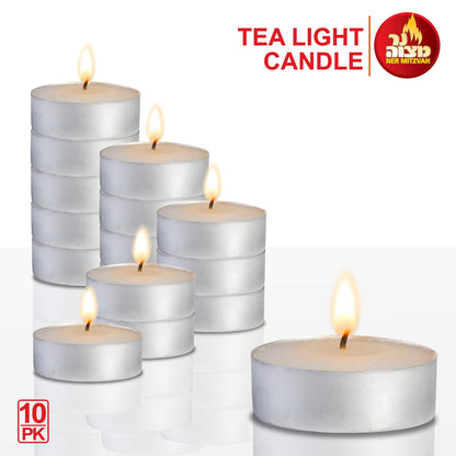 Ner Mitzvah Tea Light Candles - 10 Pack - White Unscented Travel, Centerpiece, Decorative Candle - 4.5 Hour Burn Time - Pressed Wax