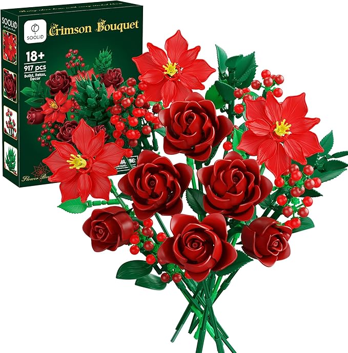 Rose Flower Bouquet Building Set for Adults Buildable Artificial Poinsettia Floral Botanical Decor for Table Centerpiece Birthday for Women Girlfriend Mom Wife(917 Pcs)