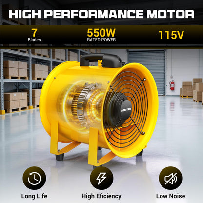 BSMTEK 12 Inch High-Velocity Air Mover Blower Fan, 3500CFM 550W with 33FT Duct Hose, Low-Noise Industrial Portable Ventilator Blower for Basements, Workshops, Warehouses, Confined Spaces