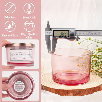 CONNOO 6 Pack 16 oz Candle Jars - 3 Wicks Pink Empty Glass Wide Mouth Candle Jars Come with Metal Lids Sticky Warning Labels and a Candle Wick Kit for Candle Making- Dishwasher Safe