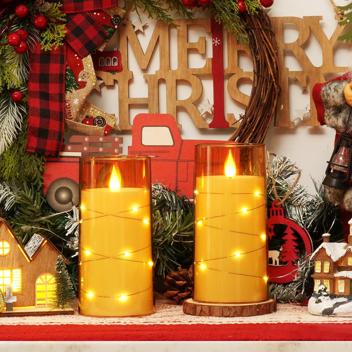 Homemory Flameless Candles with Embedded Star String Fairy Lights, Battery Operated Candles, LED Candle, Fake Candles with Remote Control and Timer, Gold, Set of 2(H 6" 6")