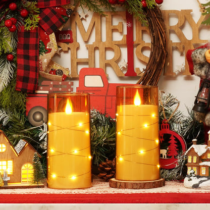 Homemory Flameless Candles with Embedded Star String Fairy Lights, Battery Operated Candles, LED Candle, Fake Candles with Remote Control and Timer, Gold, Set of 2(H 6" 6")