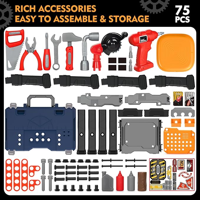 Kids Tool Bench with Electric Drill and Chair Christmas Birthday Gift for Boys Girls Age 345+ Fun Play Kids Workbench Transformable Toddler Tool Box Set Construction Tool Toys for Toddler 3-5