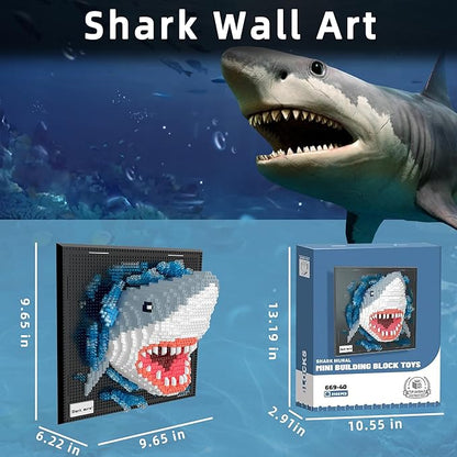 Mini Building Blocks Set Shark Mural - 3D Cute Animal Wall Art Shark Craft Kit Micro Mini Block Bricks Creative Ideals Building Toy Collectible Architecture Decoration Party Favor for Adult 2166PCS