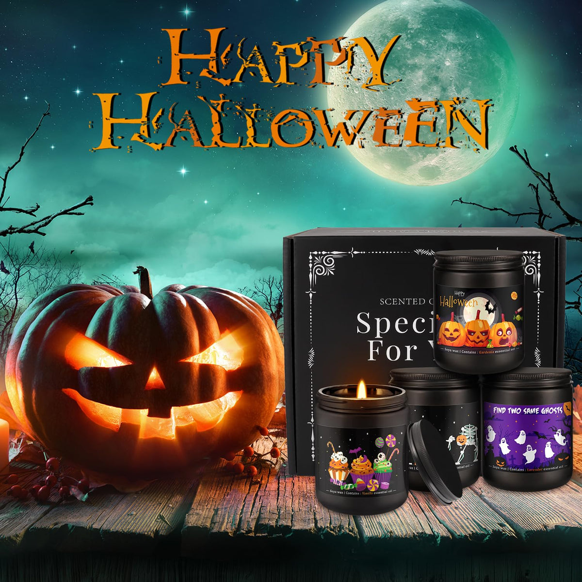 CLTNIKET Halloween Scented Candle Set, 4-Pack 7oz Soy Wax Candles with 4 Fragrances, Long-Lasting Burning for Halloween, Christmas, Home Decor, Rituals & Themed Parties.