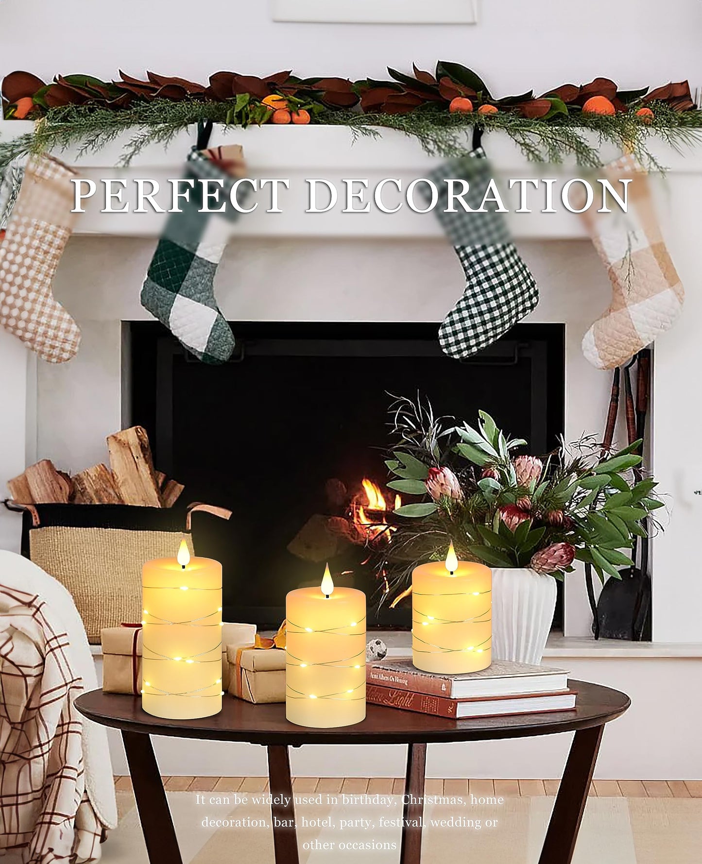 Upinmz Flickering Flameless Candles with Embedded String Lights, Battery Operated Candles with Remote Control and Timer,LED Candles for Home Decoration,Real Wax,3 Pack Ivory