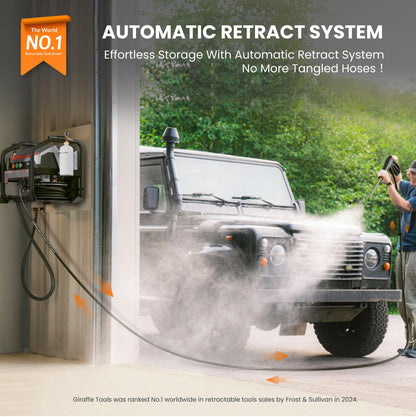 Giraffe Tools Crossfalls Retractable Pressure Washer Ultra, Max 2.6GPM 1650PSI with Brushless Motor, Wall Mount Electric Power Washer with 50ft Pressure Hoses, 4-Nozzle, Foam Cannon, Automatic Rewind