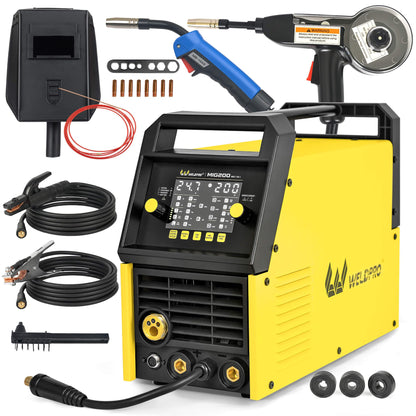 Weldpro 200 Amp MIG Welder, 110/220V 7-in-1 Manual MIG/Synergic MIG/Gasless MIG/Lift TIG/MMA/Spot/Spool Gun Aluminum Multi-process Welding Machine with Large LED Display, IGBT, 2T/4T, Spool Gun