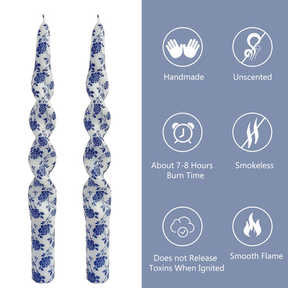 Blue Flower Printed Spiral Candles Set of 2, 10 Inch Handmade Tapered Candles, Unscented Floral Candle Stick Style Candlesticks for Wedding Home Decor Gift
