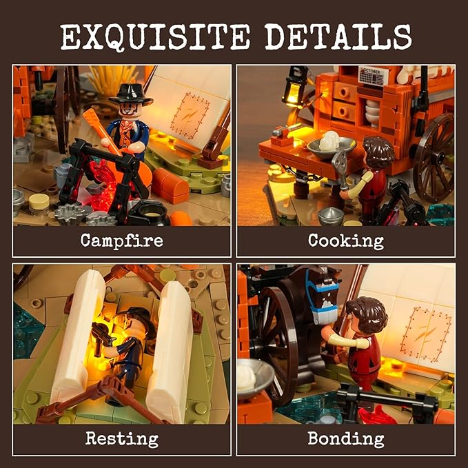 Cowboy Camp Lighting Building-Bricks Set - The Old West Shelter with Covered Wagon and Horse 542 Pcs Collection Display Set for Adults and West Lovers