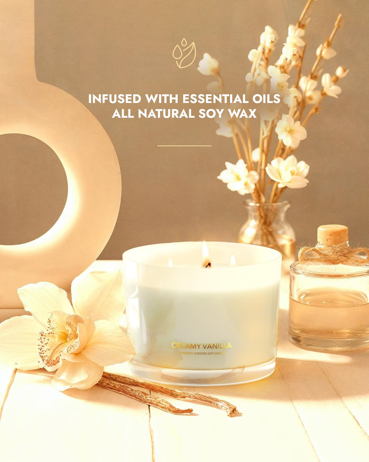96NORTH Creamy Vanilla Scented Candles | Large 3 Wick Jar Candle | Up to 40 Hours Burning Time | 100% Natural Soy Wax | Relaxing Scented Candle for Home | Gift-Ready Luxury Candle for Men & Women