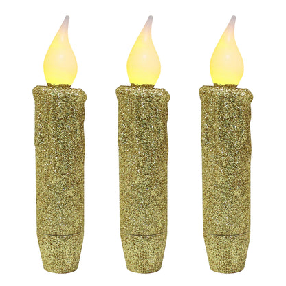 CVHOMEDECO. Glitter Flameless Candles Flickering Battery Operated LED Taper Candles with Timer for Home, Wedding, Halloween, Christmas Decor. Gold, 4-3/4 Inch, Set of 3