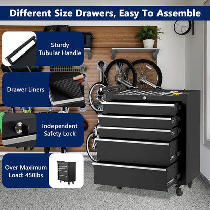 SierraSquad Rolling Tool Chest with Wheels, 5-Drawer Tool Storage Cabinet, Portable Tool Box Organizer with Locking System & Drawer Liners, Tool Cart for Garage Workshop, Black