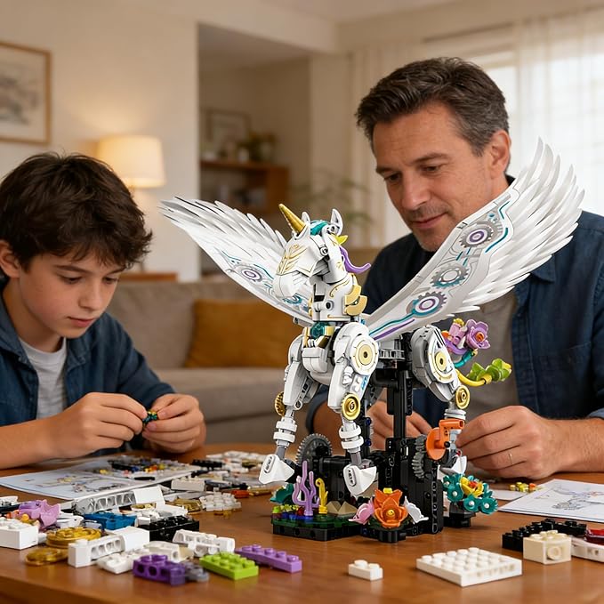 Unicorn Building Set for Adults with Flower Display Mechanical Linkage Rainbow Animal Figures Kit Compatible with Lego Home Office DecorGift for Animal Lovers